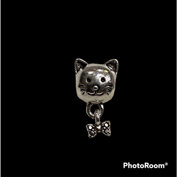 NEW•Silver 925 Cat w/Bow Tie dangle DIY charm - Picture 4 of 7